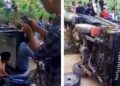 Mobil Pelayat Terbalik Saat Melintasi Jalan Rusak Parah Menuju Desa Lubuk Bondar Panjang